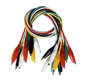 Pinza de cocodrilo diseñada para proporcionar conexiones eléctricas seguras y temporales en proyectos de electrónica y robótica.